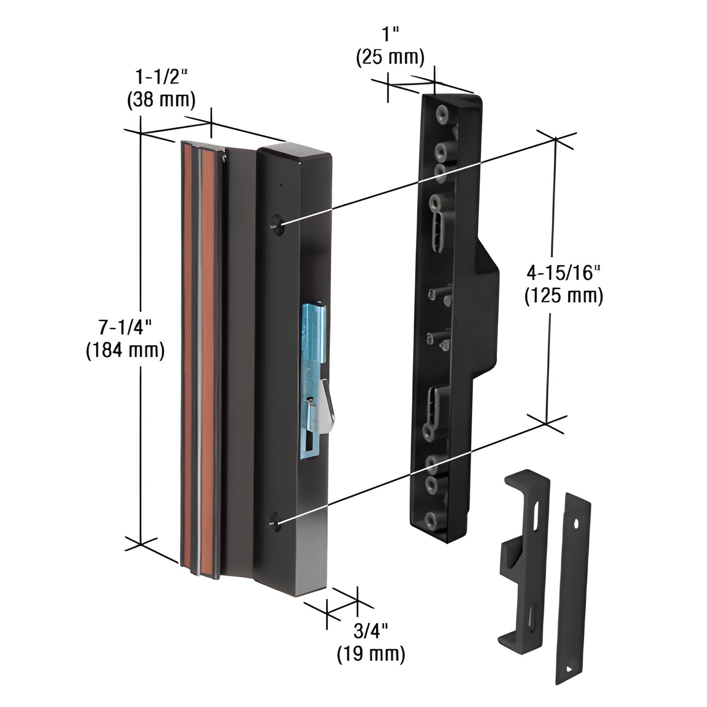 CRL C1125 black surface-mounted hook-style door handle set, aluminum, reversible latch, 7-1/4" height, includes keeper.
