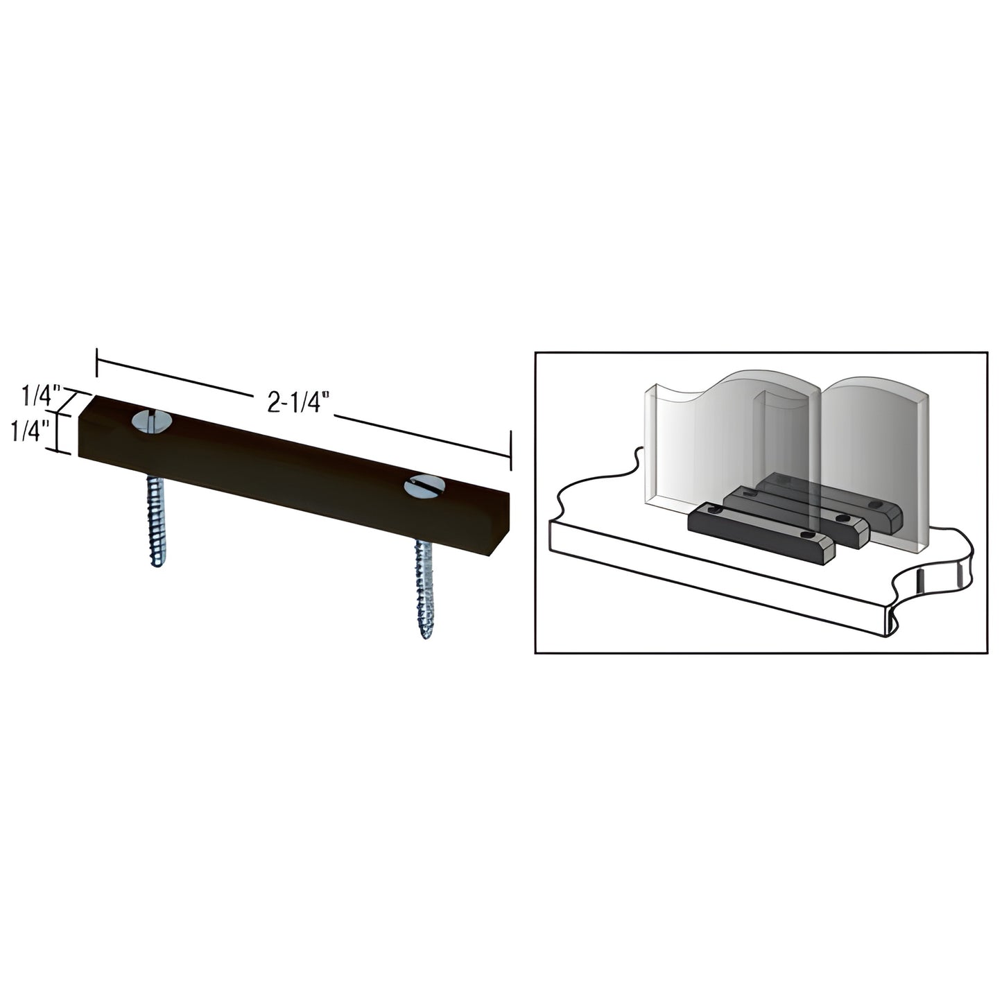Black nylon lower guide D31 for sliding glass doors, 2-1/4in long with two mounting screws, prevents panel lift-out.