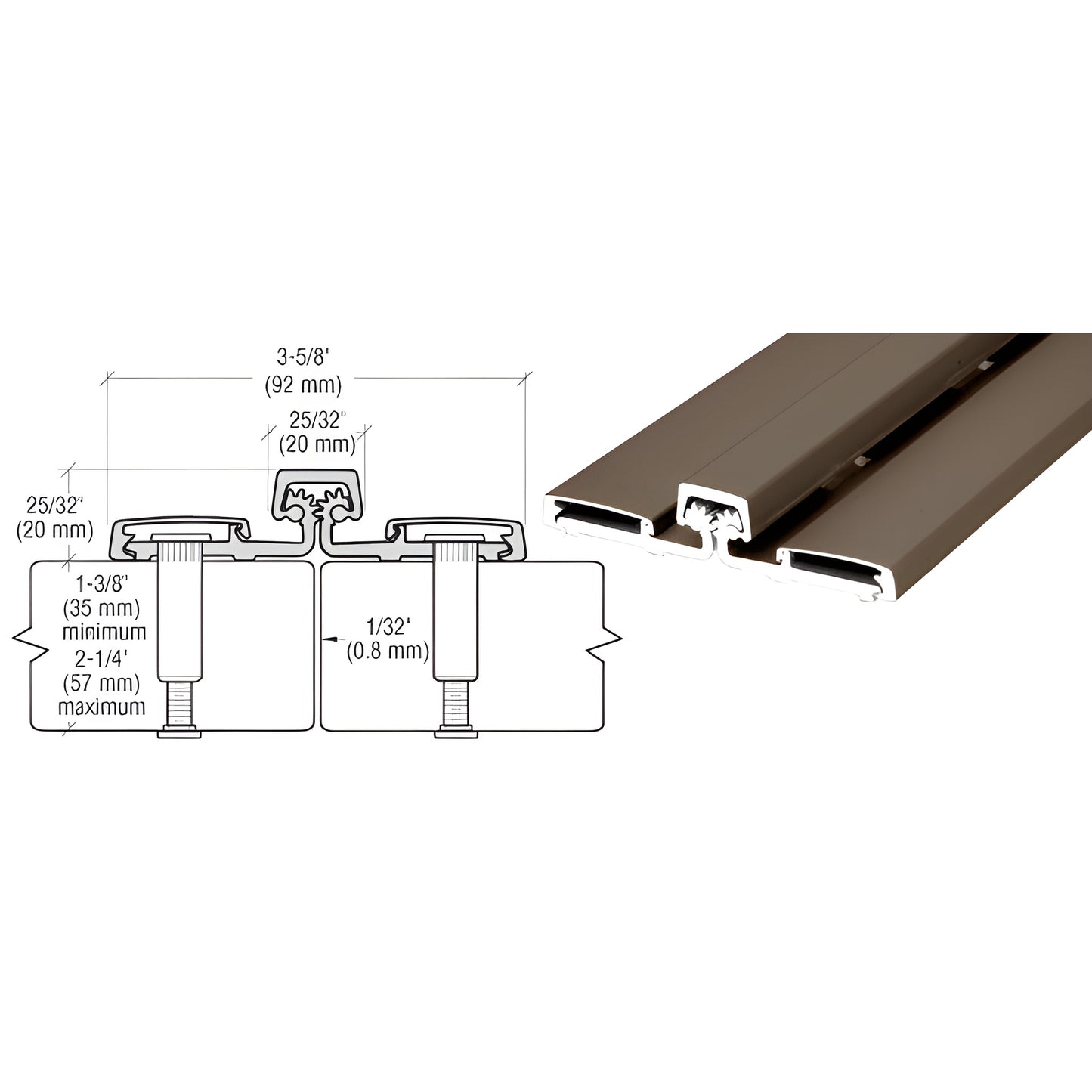 Roton 83 in dark bronze aluminum full-length heavy-duty hinge, supports up to 600 lb, concealed hardware