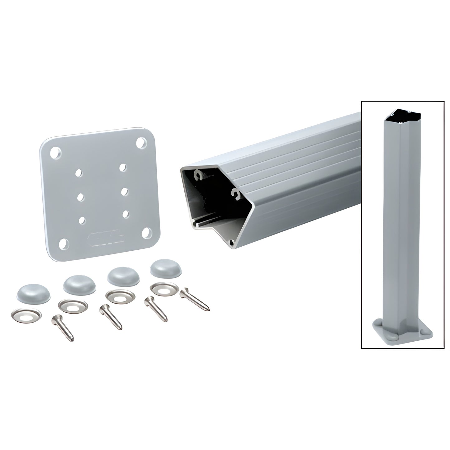 P536KM 135 aluminum glass railing post kit, 36in mill-finish post with base plate, gasket, screws, washers, and caps.