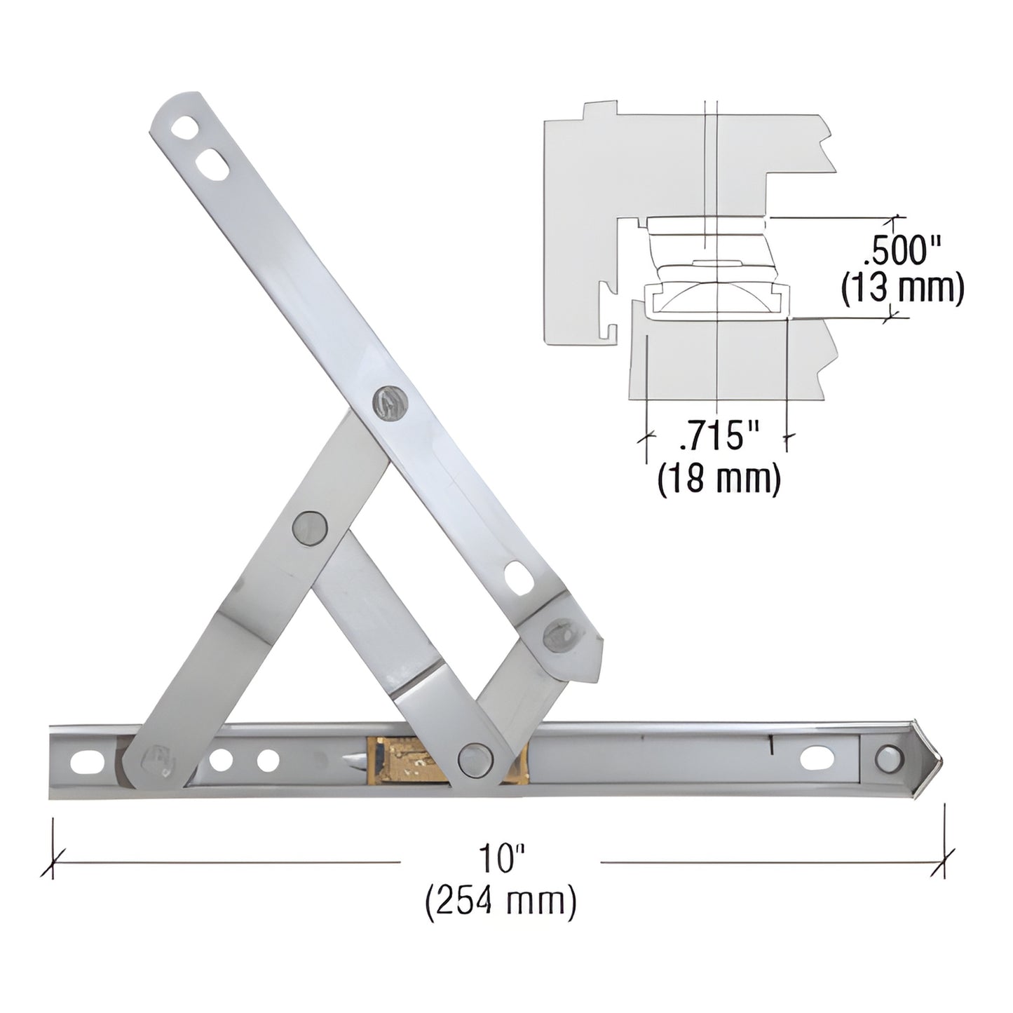 Stainless steel CRL 4-bar hinge SKU 430110, 10-inch, non-handed for casement/awning windows, corrosion-resistant, 23 lb capac