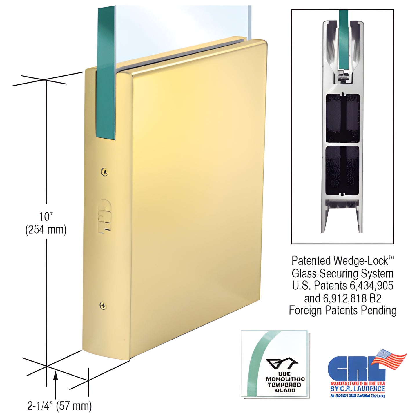 CRL DR10SSB58C satin brass 10" square bottom door rail for 5/8" (16mm) glass, Wedge-Lock glass securing system
