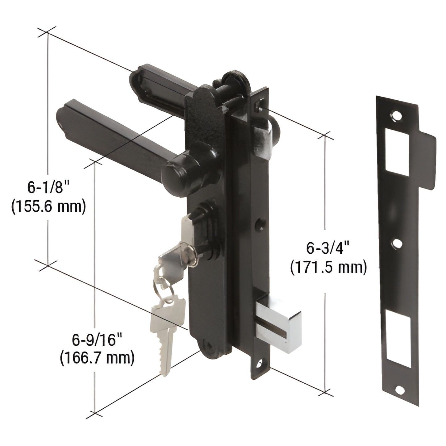 CRL K5092 black diecast mortise lock with reversible latch, lever handles, key cylinder and strike plate.