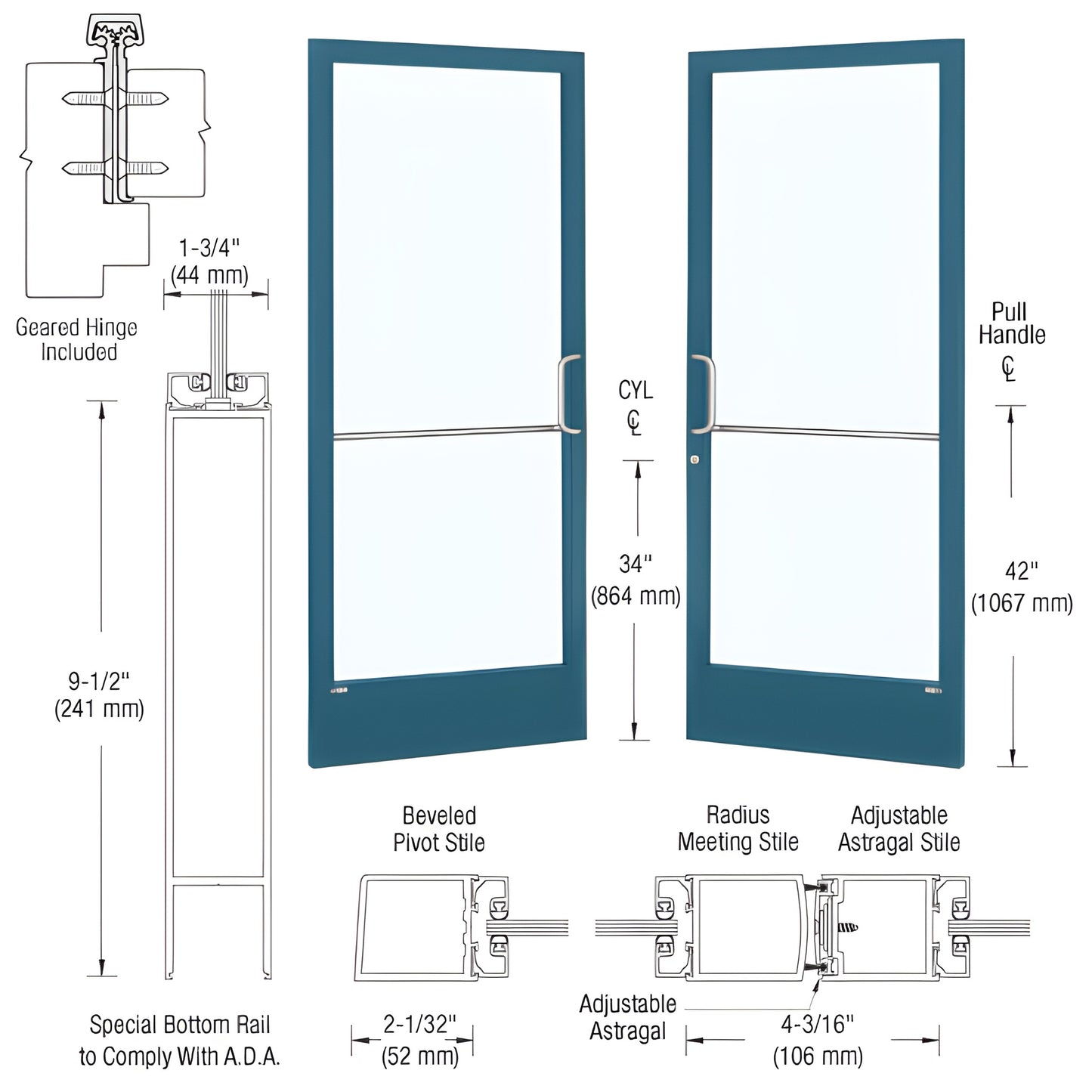CRL custom narrow-stile entrance door (SKU CD22871) teal aluminum frame with large tempered glass panels and ADA bottom rail.