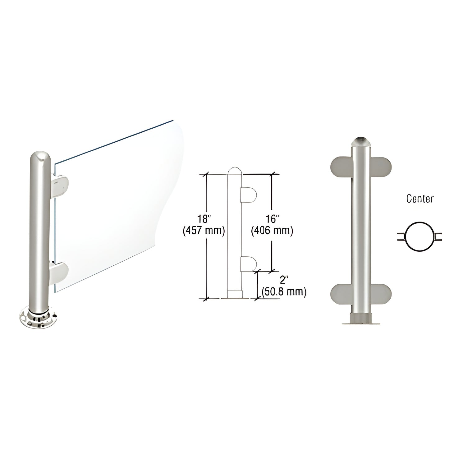 PP07CPS 18" stainless steel round partition post with dome cap, adhesive round flange and two Z style glass clamps
