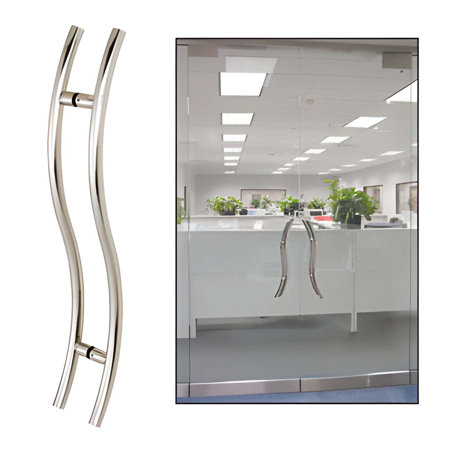36SLPPS polished stainless "S" style ladder pull handle, 36" for 3/8-3/4" tempered glass doors, back-to-back mounting.