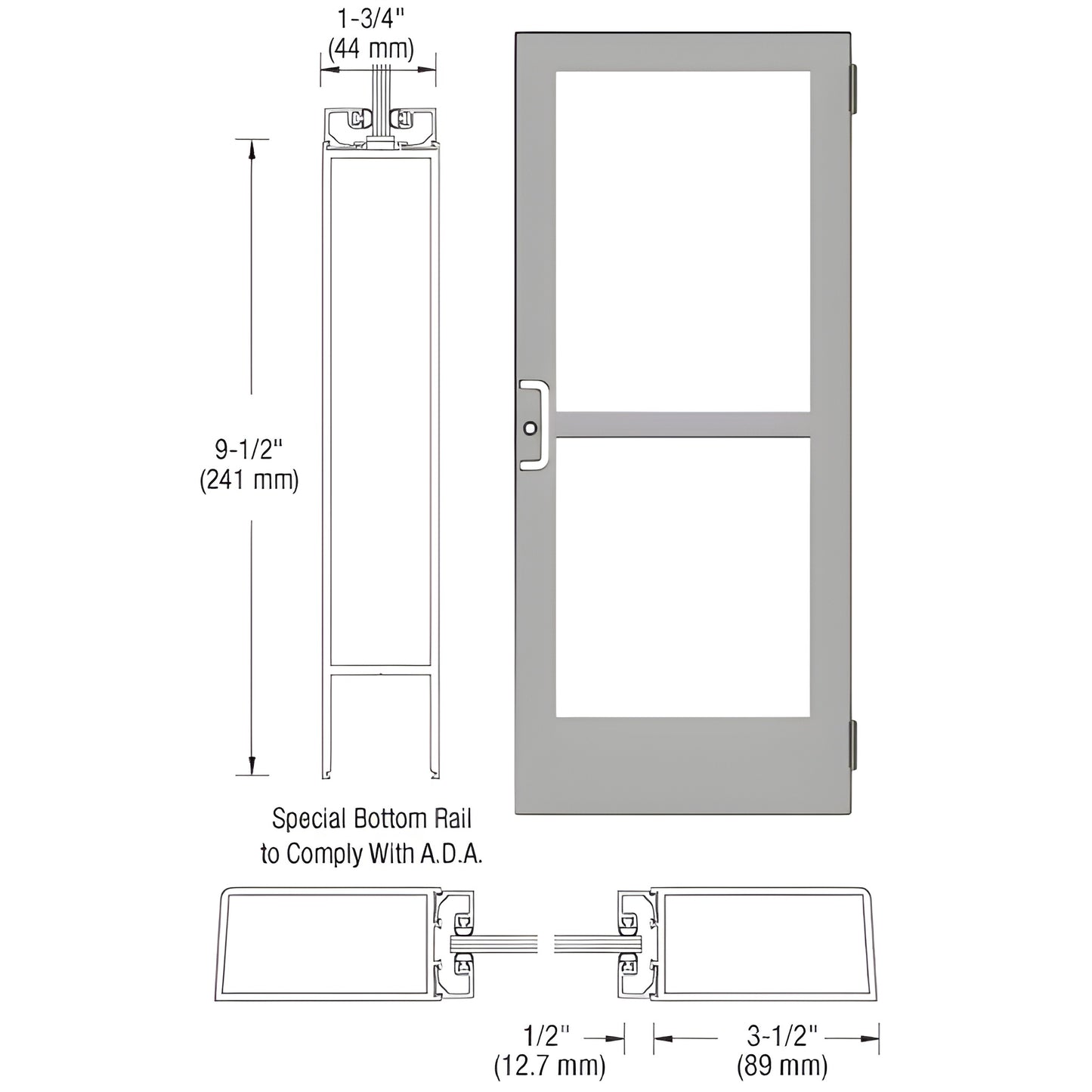 CZ41511 clear anodized medium-stile entrance door with ADA 9-1/2" bottom rail and two glass panels