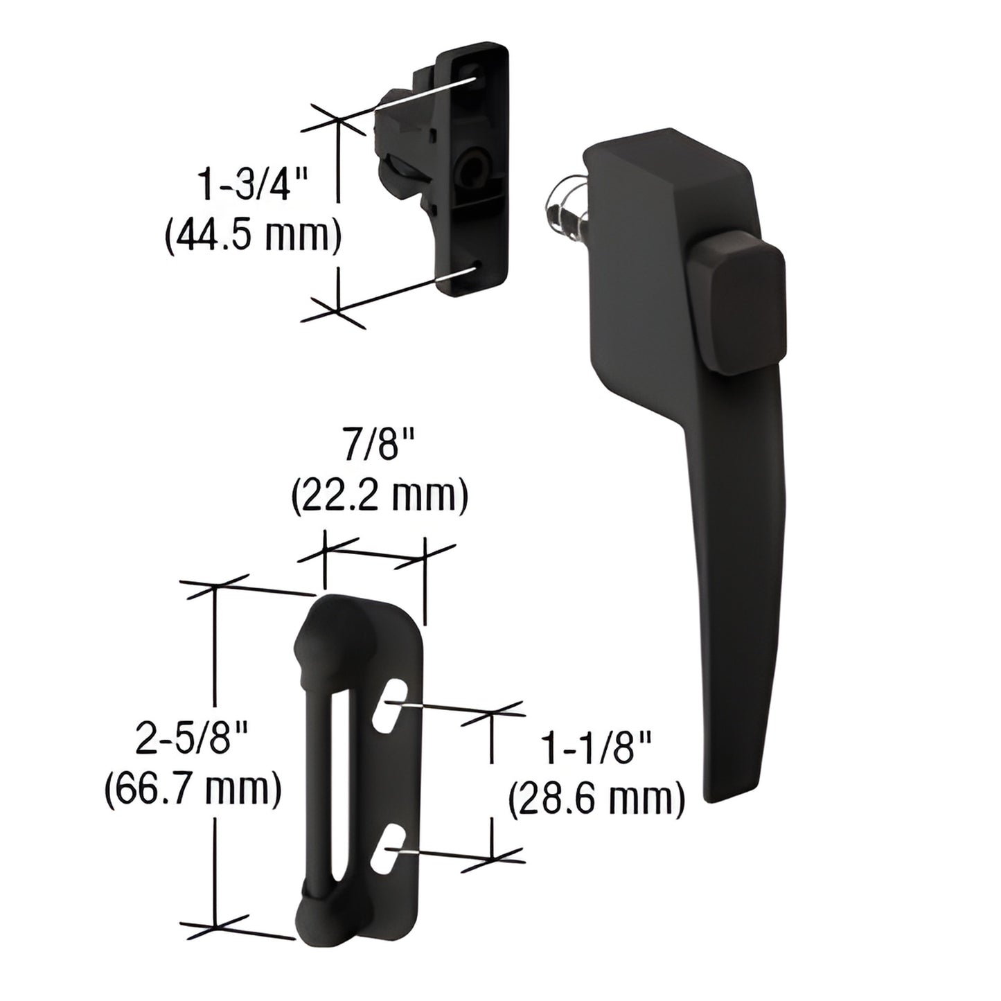 Black CRL push-button latch (SKU K5007) with outside handle and strike for 5/8 to 1-1/4" outswing wood/metal doors.