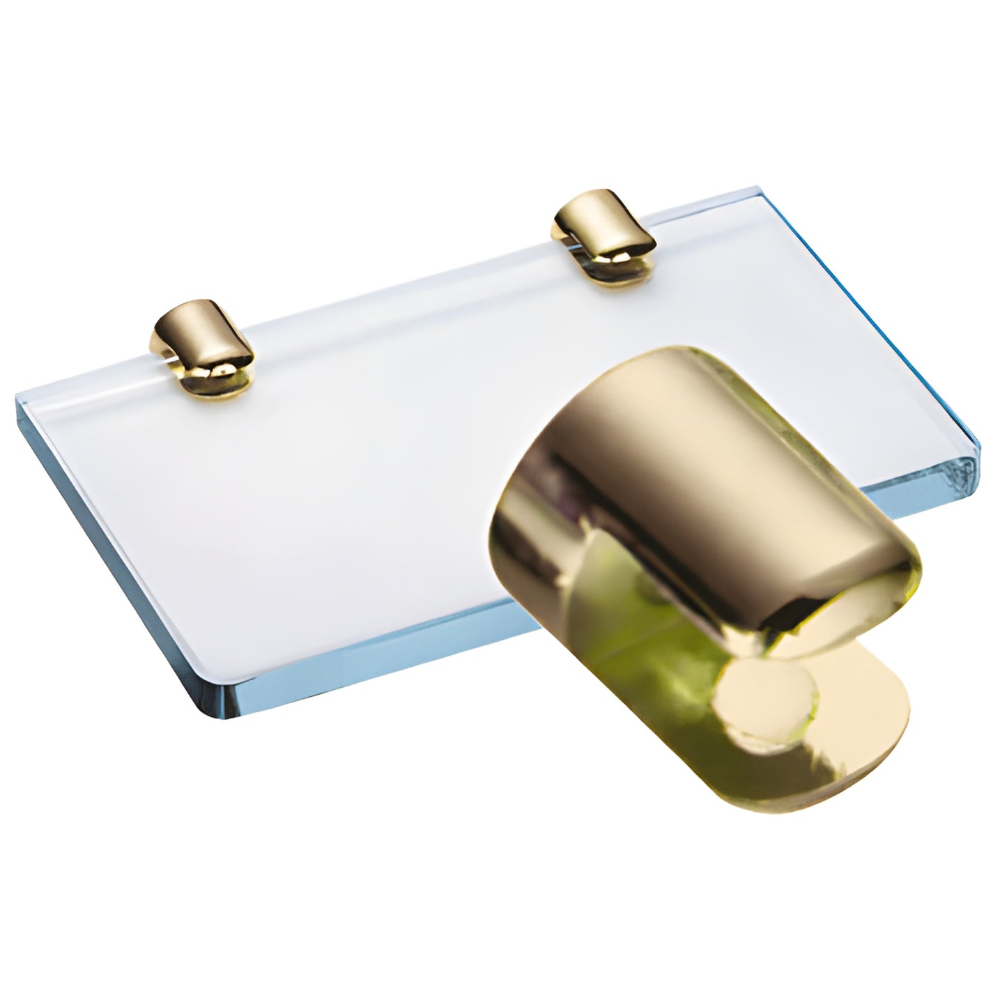 Gold-plated brass no-drill glass shelf clamp (SKU 1020GP) holding 3/8" tempered glass, round design.