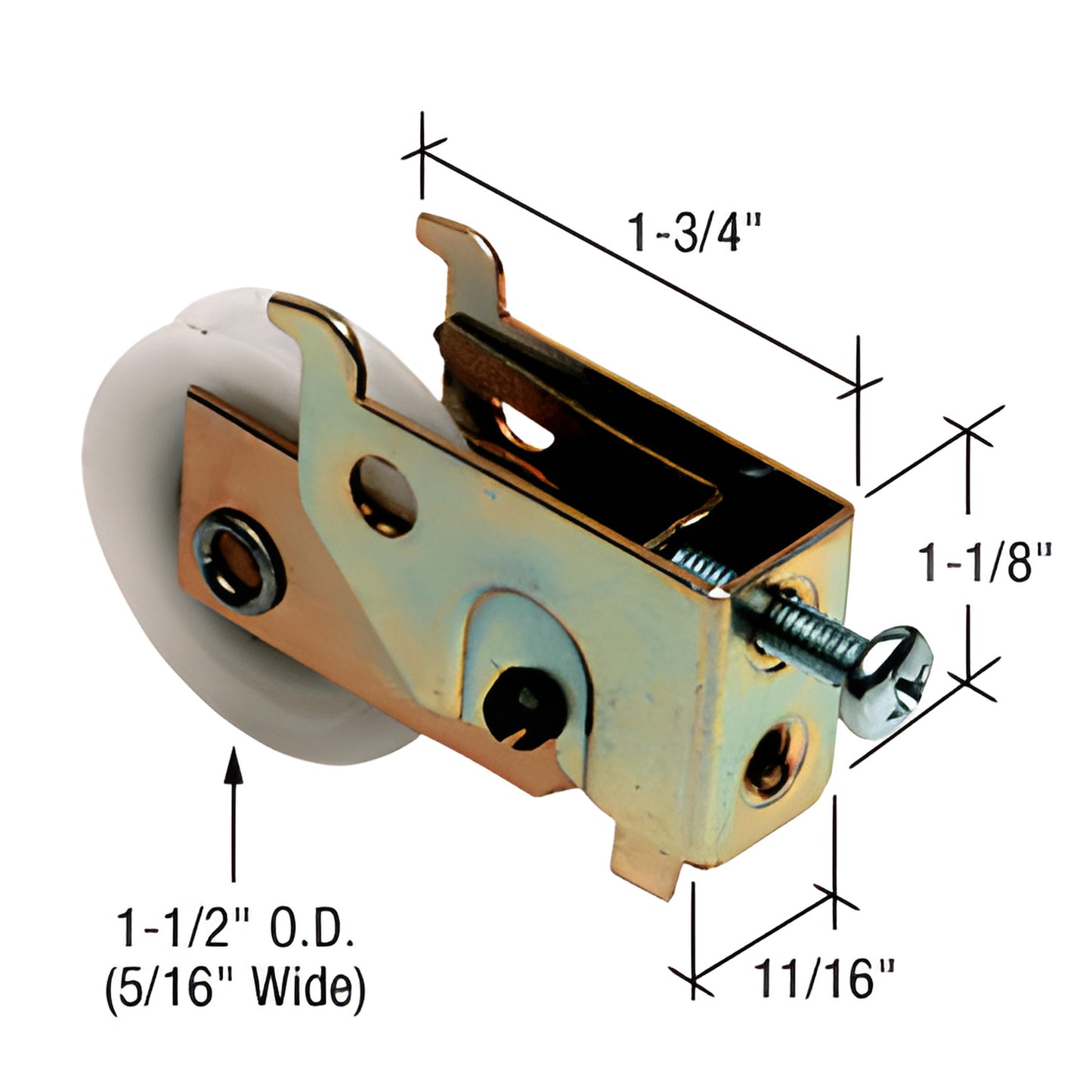D1683 sliding glass door roller assembly - steel adjustable housing with 1.5" nylon concave wheel (5/16" wide), screw adjuste
