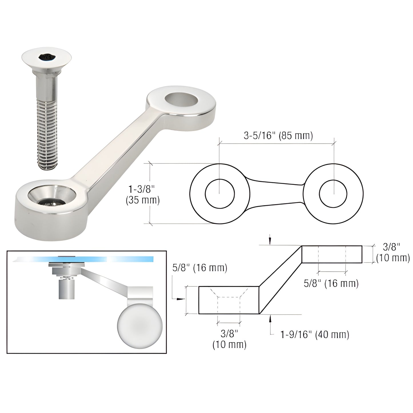 CRL stainless steel post-mount fitting GRP1LPS - longer arm for single glass panel; includes 3/8"-16 x 2" stud.