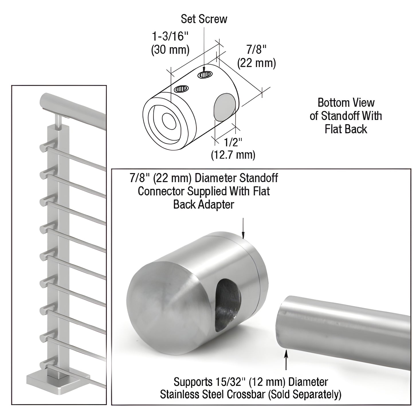 Brushed stainless steel flat-back standoff connector (7/8" dia) for 12mm crossbar, slip-fit surface mount.