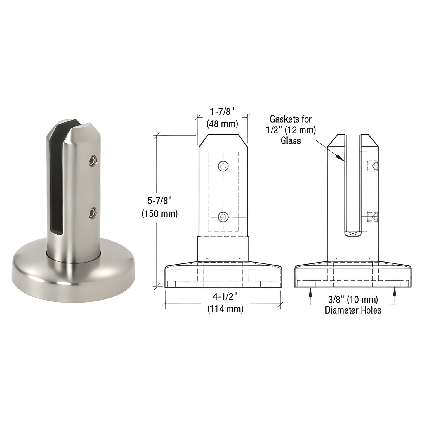 Brushed stainless steel surface-mount glass spigot (SKU FWCR20BS) for 1/2" (12mm) glass, 4-1/2" base.