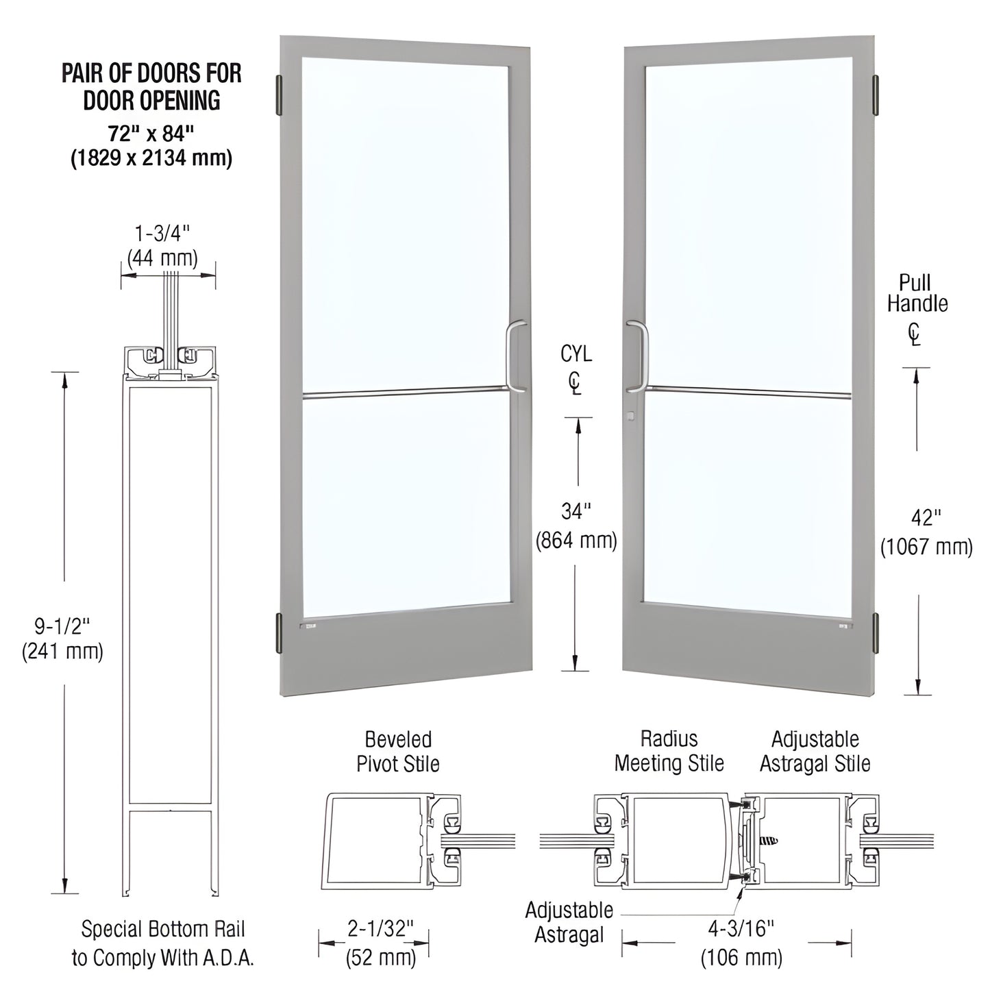 Pair of clear anodized narrow-stile commercial doors with glass panels and ADA 9-1/2" bottom rail. SKU CD22511