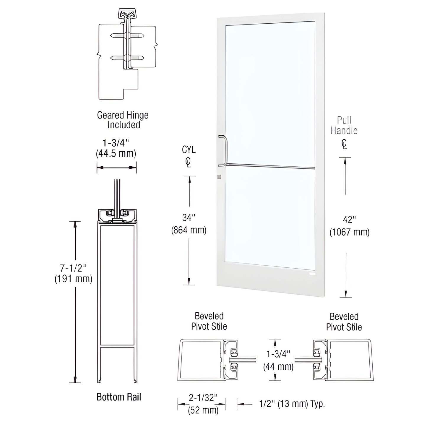 White narrow-stile commercial entrance door with glass, 2" stiles, 7-1/2" bottom rail, ADA option, SKU HE21852.