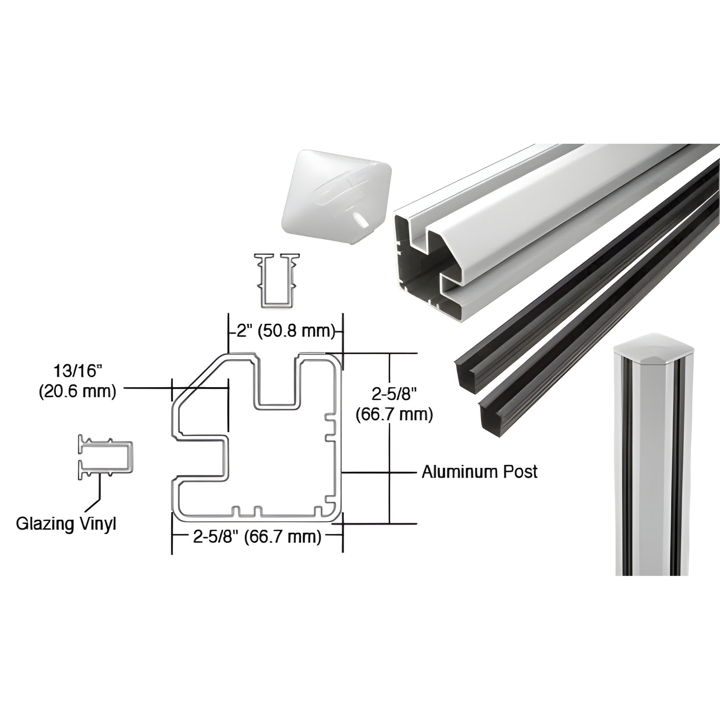 CRL S72CRKS 72" silver aluminum 90 rectangular glass post kit with cap and glazing vinyl, fits 1/4-1/2" glass.