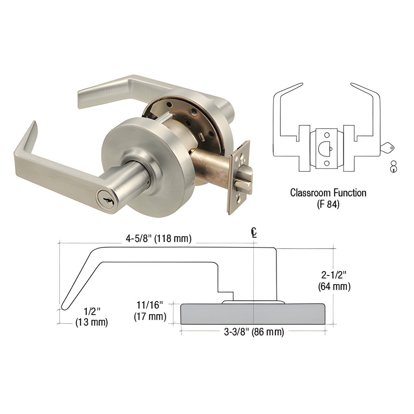 Brushed-nickel Grade 1 classroom lever lockset D90CLSBN, reversible, clutch feature, includes latch/strike