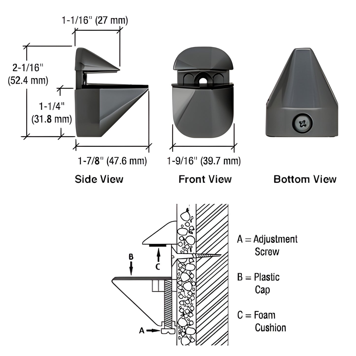 DL631BL gloss black zinc adjustable shelf clamp for 3-24mm glass/wood shelves; side, front, bottom views and install diagram