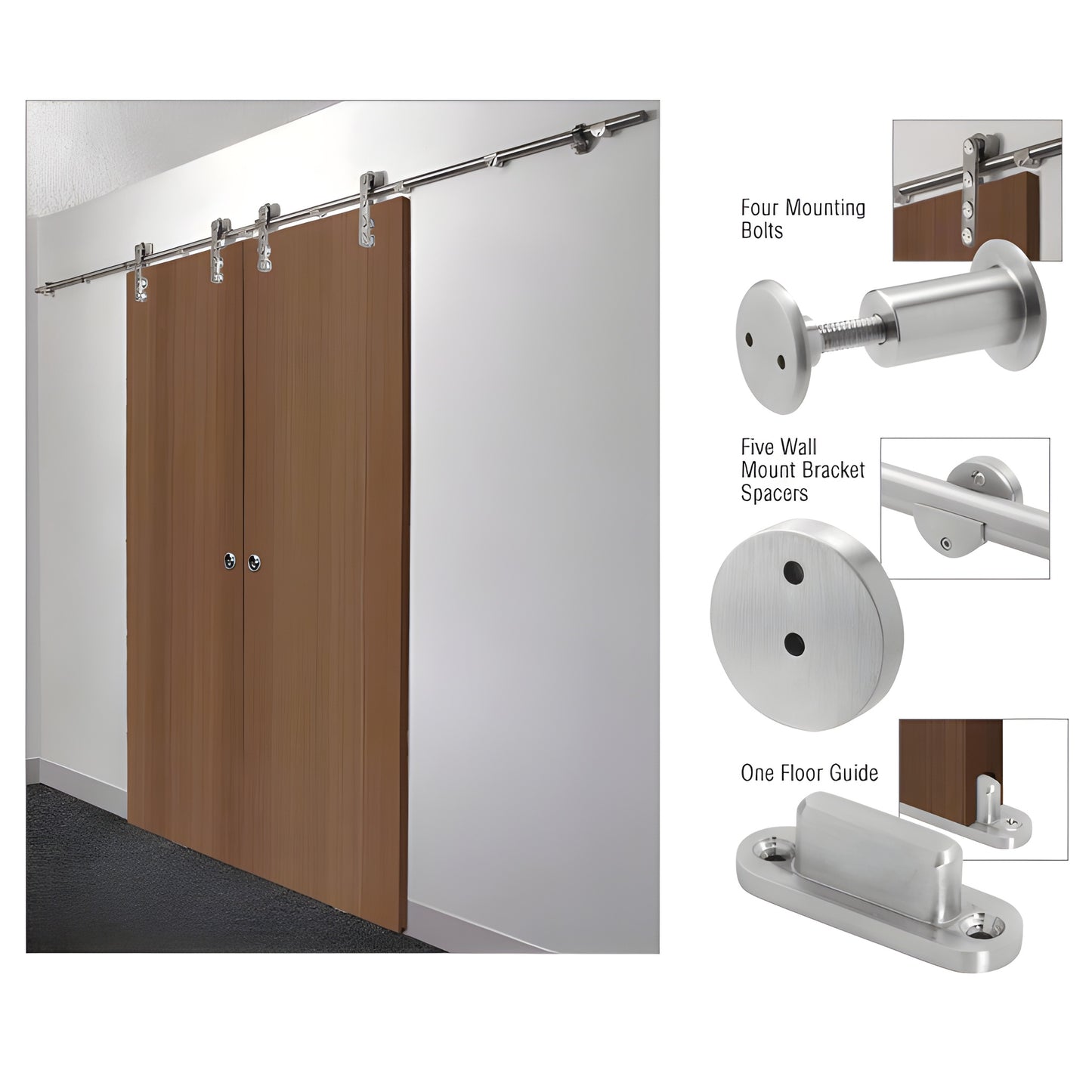 LSWMADT mounting adaptor kit - brushed 316 stainless steel bolts, spacers and floor guide for wood sliding doors.