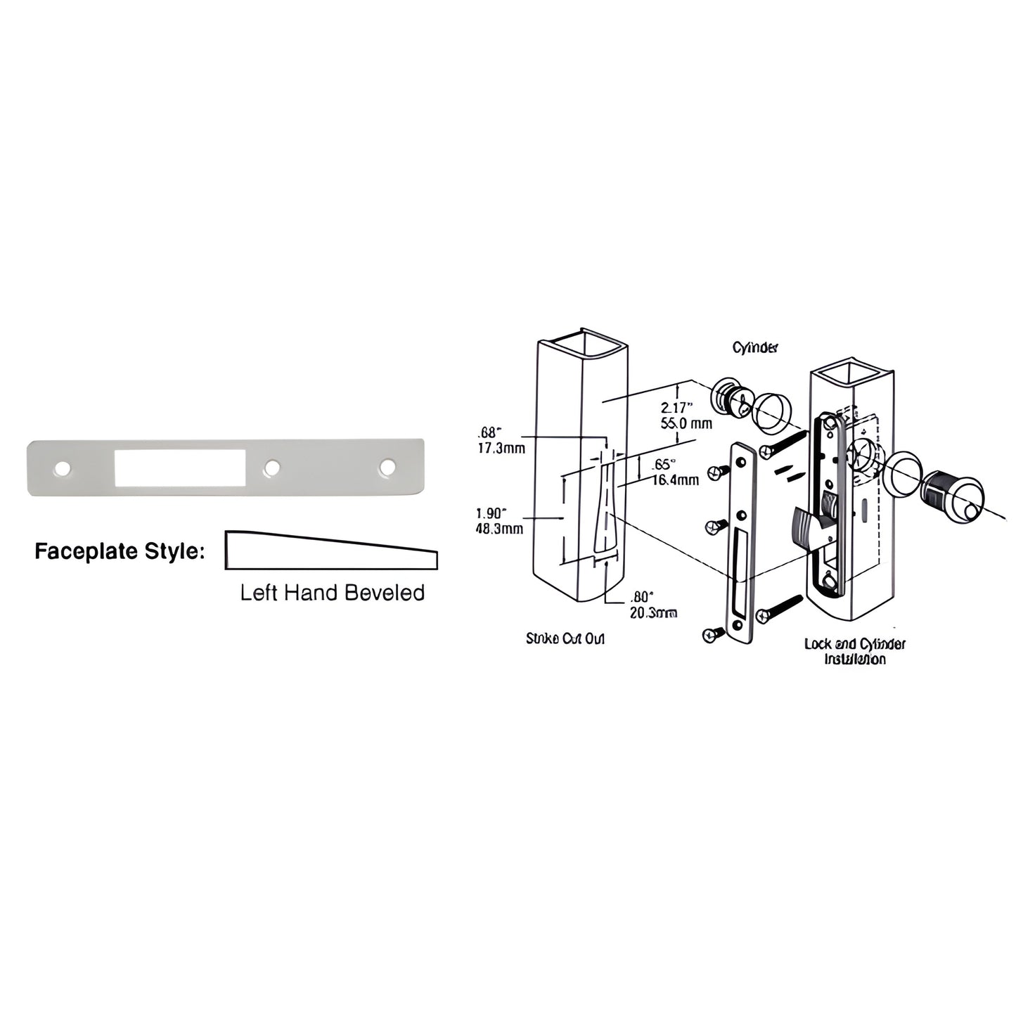 DL2134A aluminum left-hand beveled deadlock faceplate, 1" x 6-7/8", rectangular with screw holes and center latch opening.