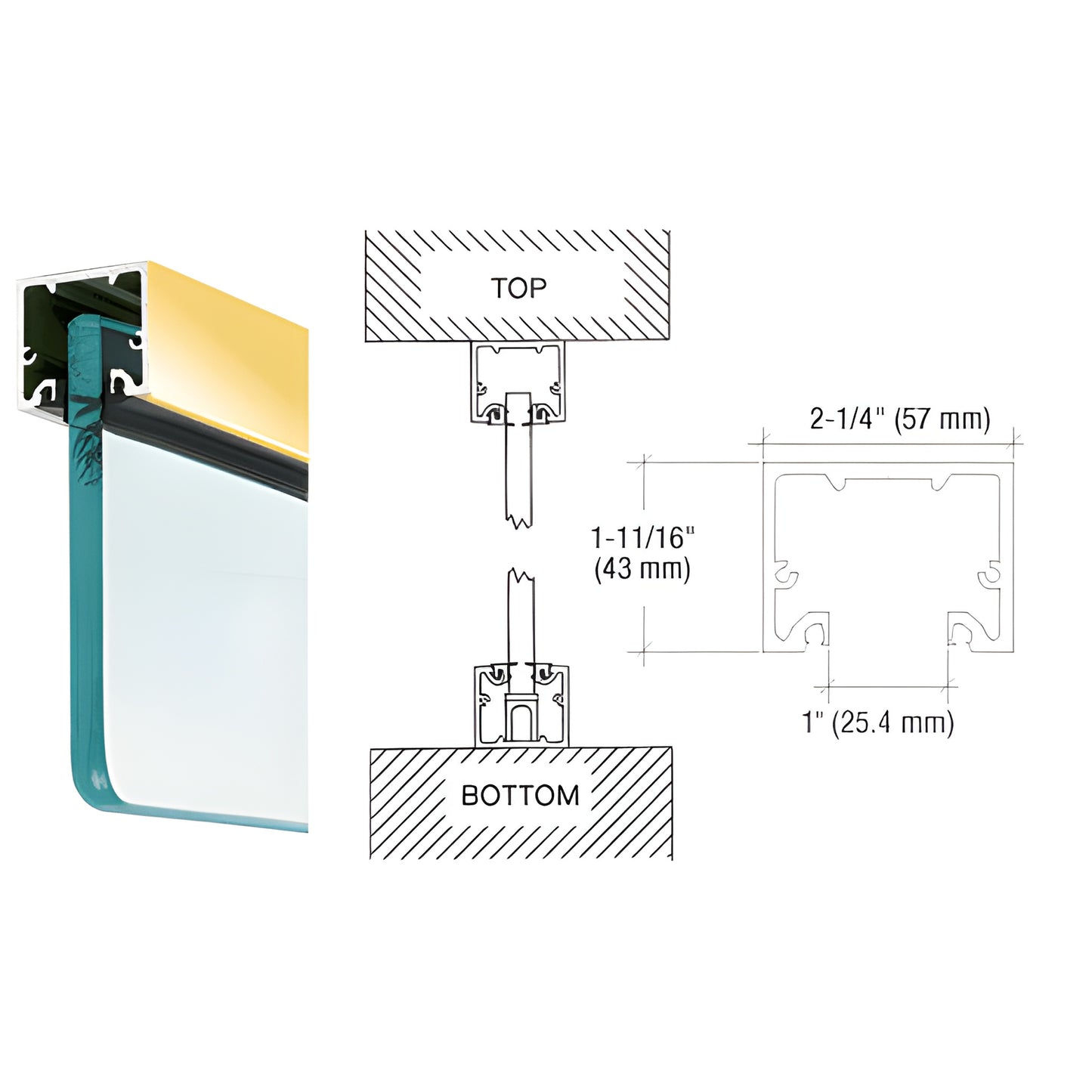 Polished brass U-channel aluminum header (SKU NH3PBSL) for 3/4" glass, 2-1/4" wide x 1-11/16" high, pivot-ready.