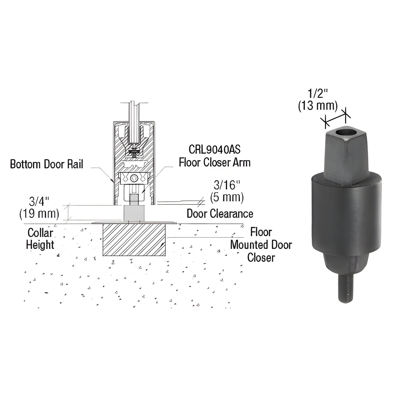 CRL9050S18 floor closer spindle, black aluminum tapered spindle with 3/4" collar height and 1/2" top hole