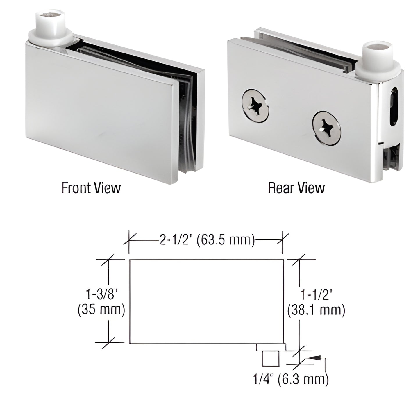 Polished chrome CRL FA55CH flush-mount brass pivot hinge for 1/4-5/16" (6-8mm) glass doors, front and rear views with dims.