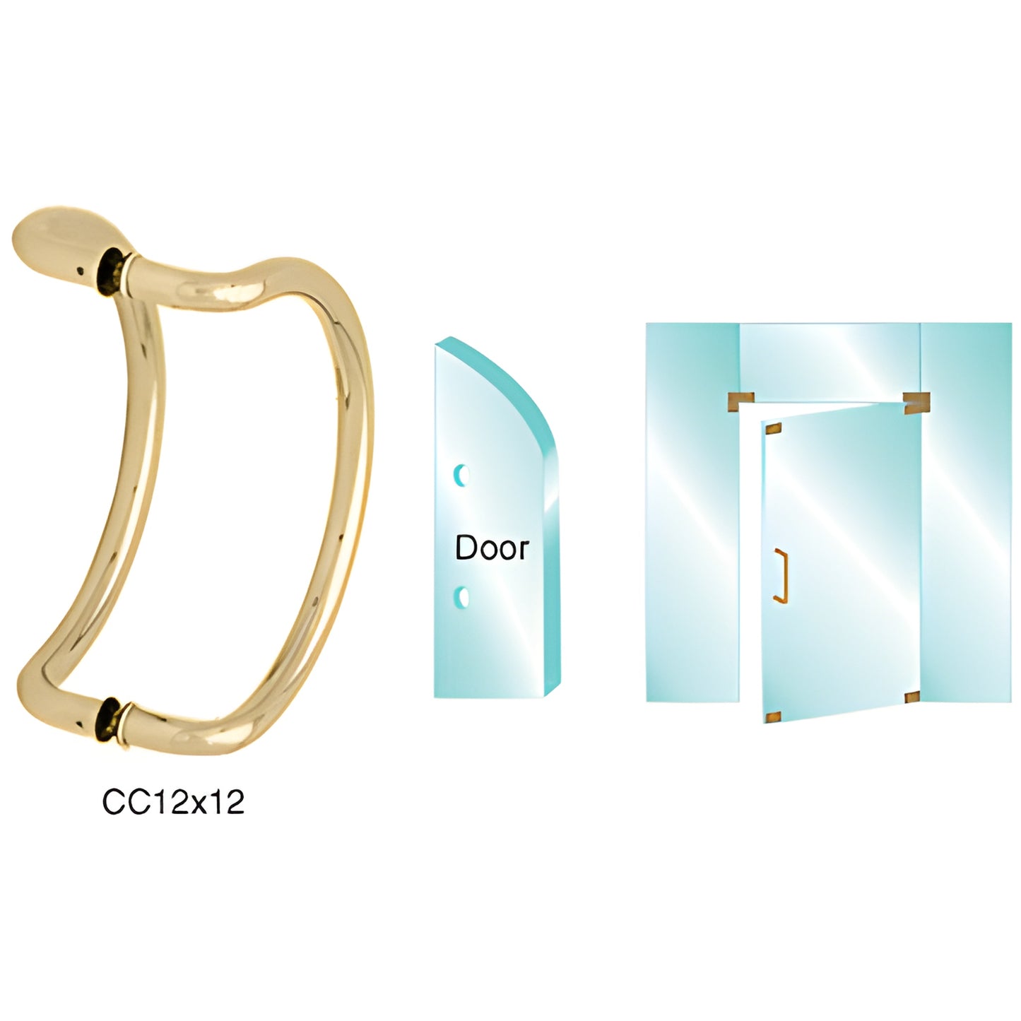 Polished brass curved glass pull handle CC12X12BR, 12 in centers, fits 3/8-3/4 in tempered glass, includes washers/gaskets