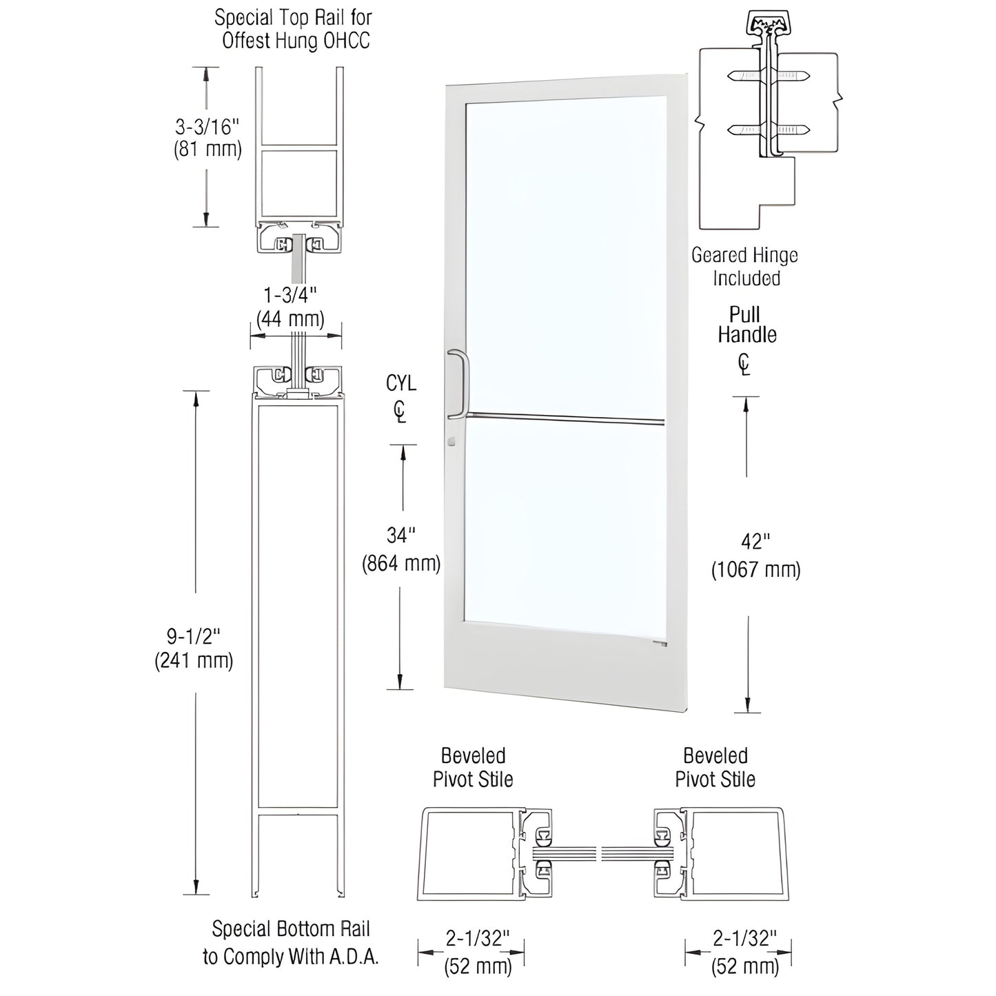 CD21952 white Kynar narrow-stile commercial entrance door with glass, ADA 9-1/2" bottom rail, push/pull hardware