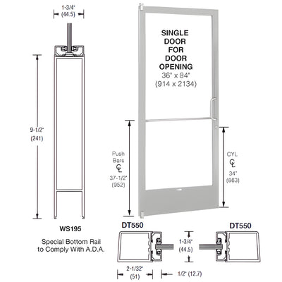 CRL-U.S. Aluminum Clear Anodized 250 Series Narrow Stile (LHR) HLSO Single 3'0 x 7'0 Offset Hung with Pivots for Surface Mount Closer Complete ADA Door, Lock Indicator, Cylinder Guard - for 1" Glazing