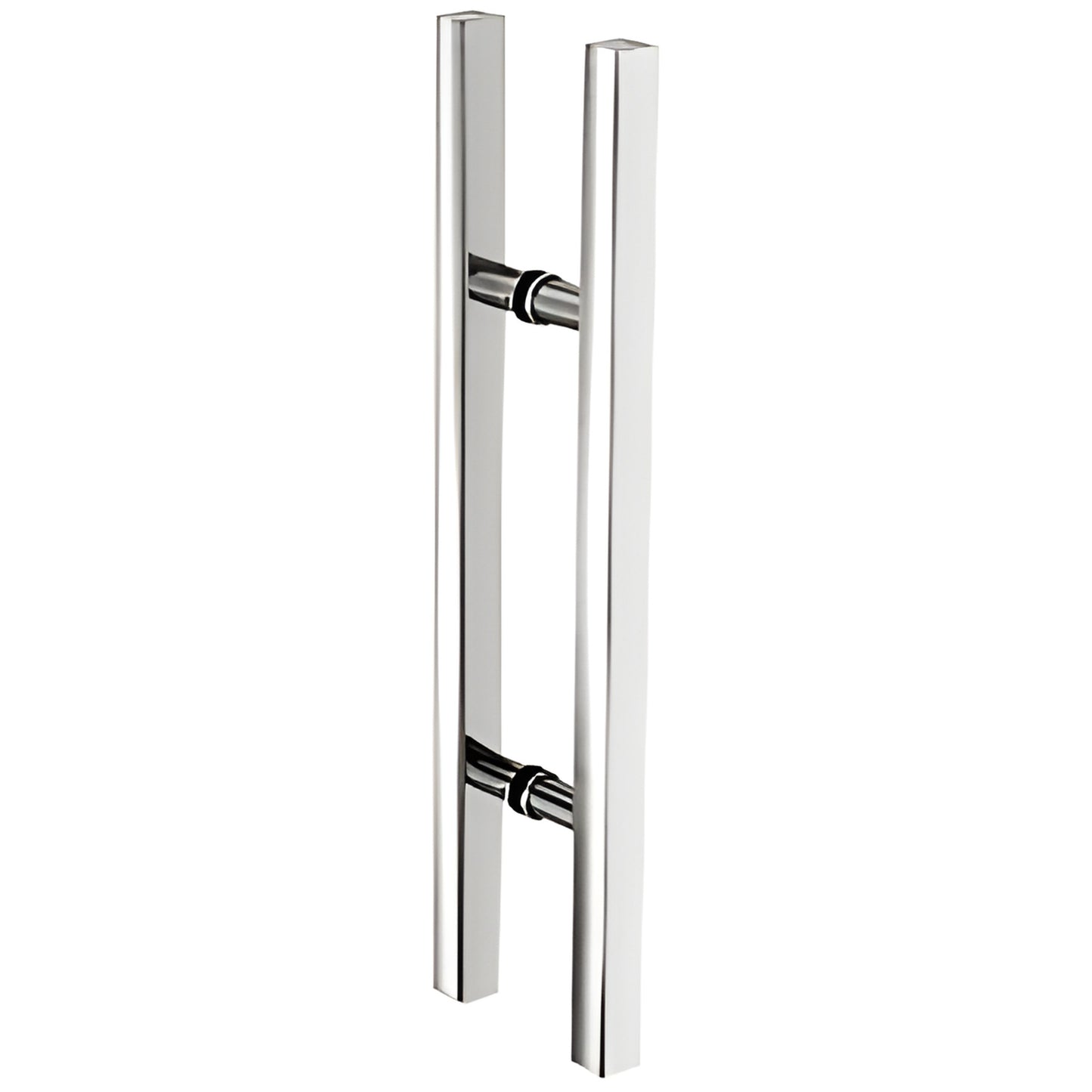 Polished stainless steel square ladder pull handle, 24 in length, 1-1/4 in square tubing, back-to-back mounts for glass doors