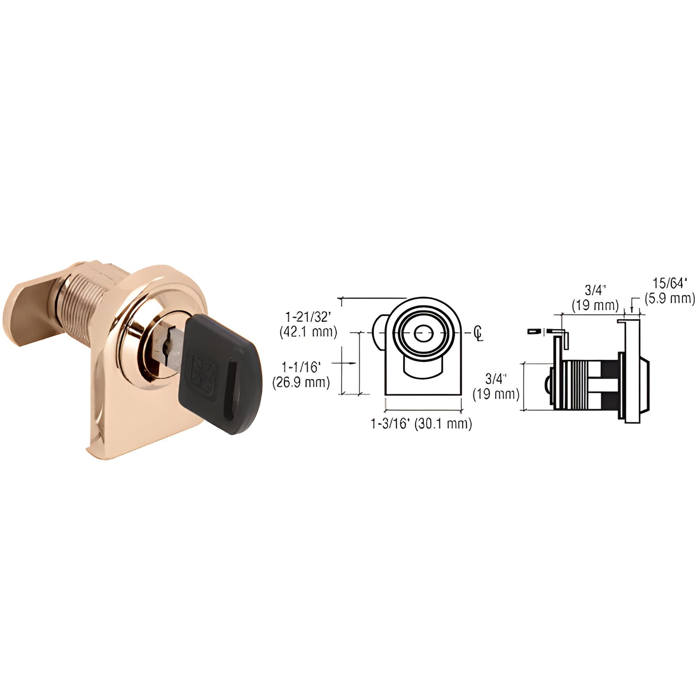 LK36KA polished brass round-top swinging glass door cam lock for 1/4" (6mm) glass, includes key and cam
