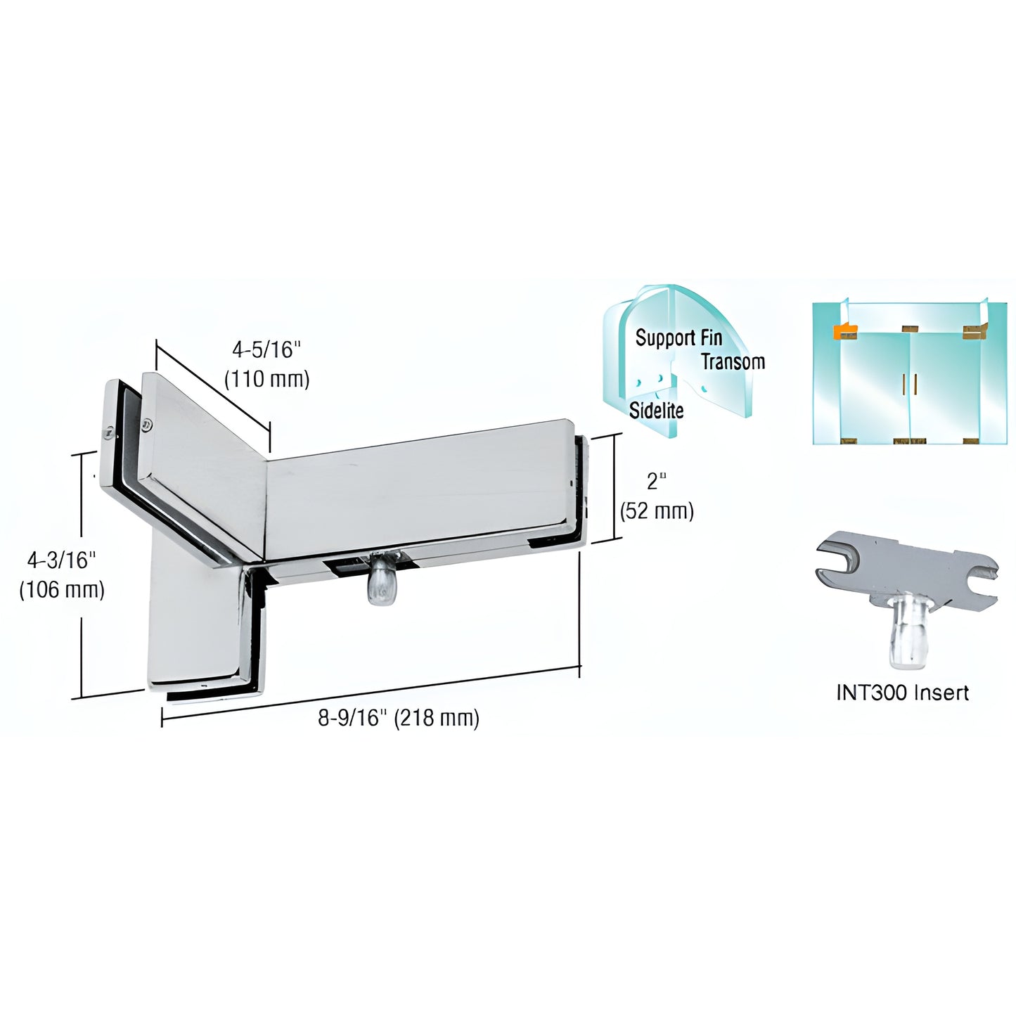 PH41RBS brushed stainless sidelite-mounted transom patch with support fin, INT300 insert, for 3/8-1/2 glass.