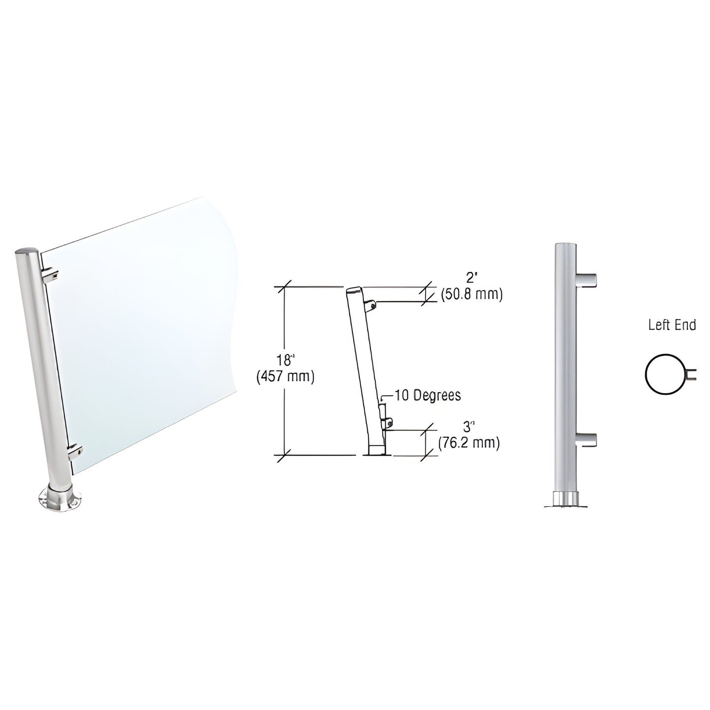 PP46LEBS - 18" brushed stainless left-slant round partition post with flat cap, round flange and 3/8" glass fittings
