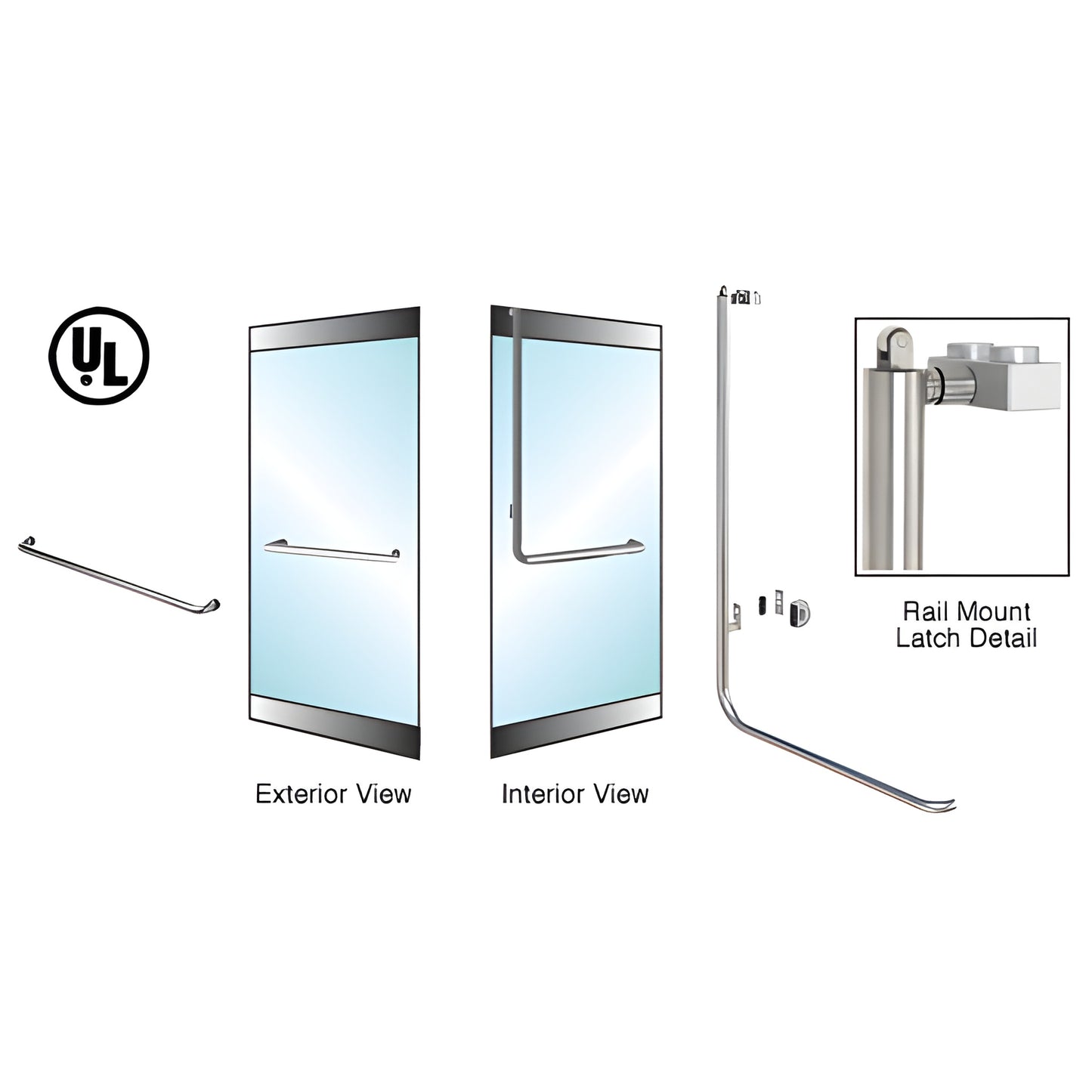 CRL-Blumcraft brushed stainless rail-mount panic handle for 3/4" tempered glass doors (1 1/4" dia, left-hand reverse)