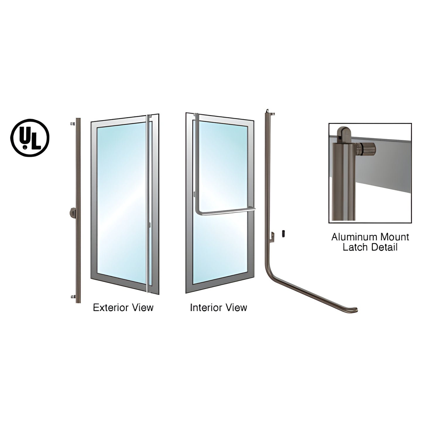 Oil rubbed bronze tubular panic handle for 1/2-3/4 inch glass doors, exterior and interior views with aluminum latch