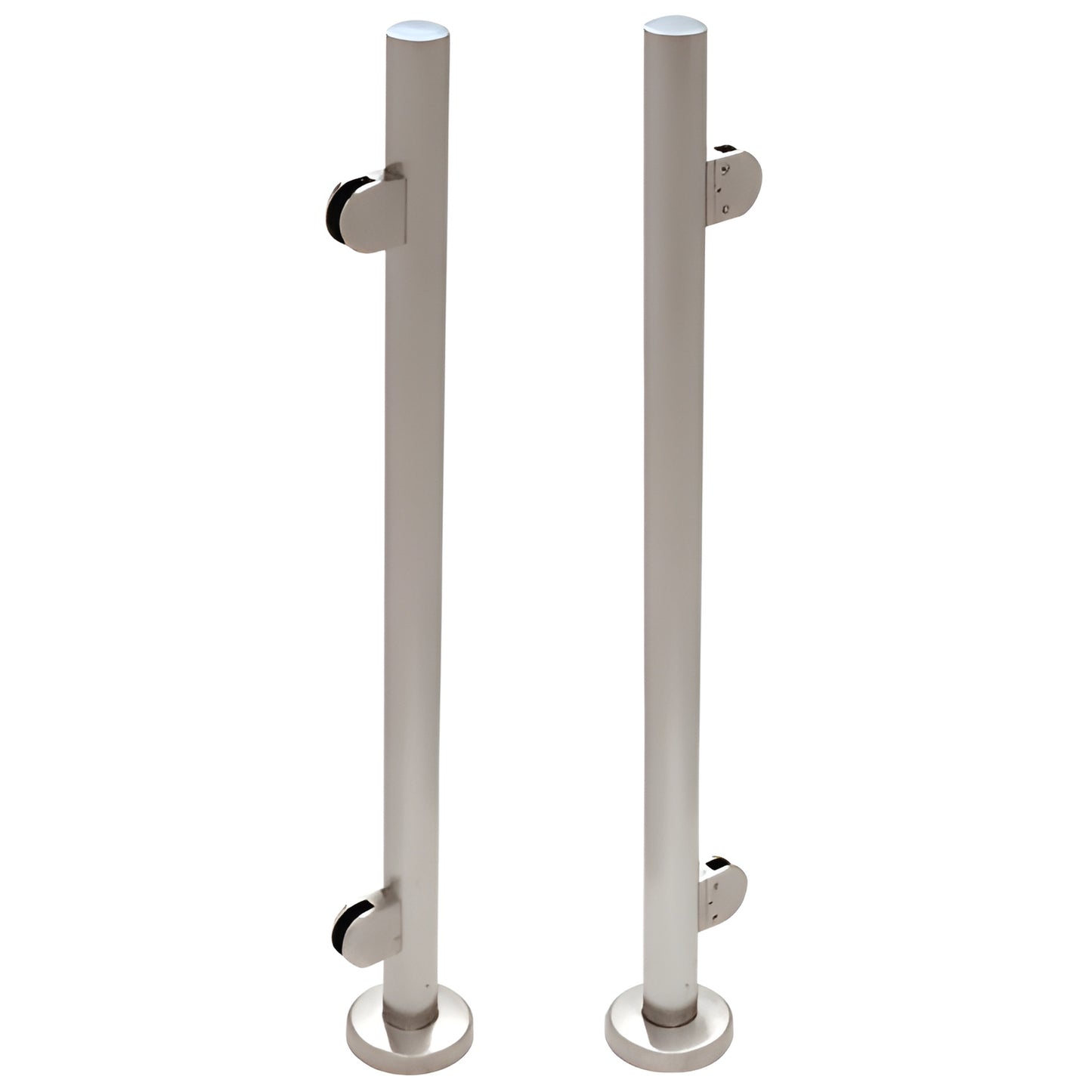 PR1540EBS brushed stainless steel railing posts, two round posts with base plates and glass clamp brackets.