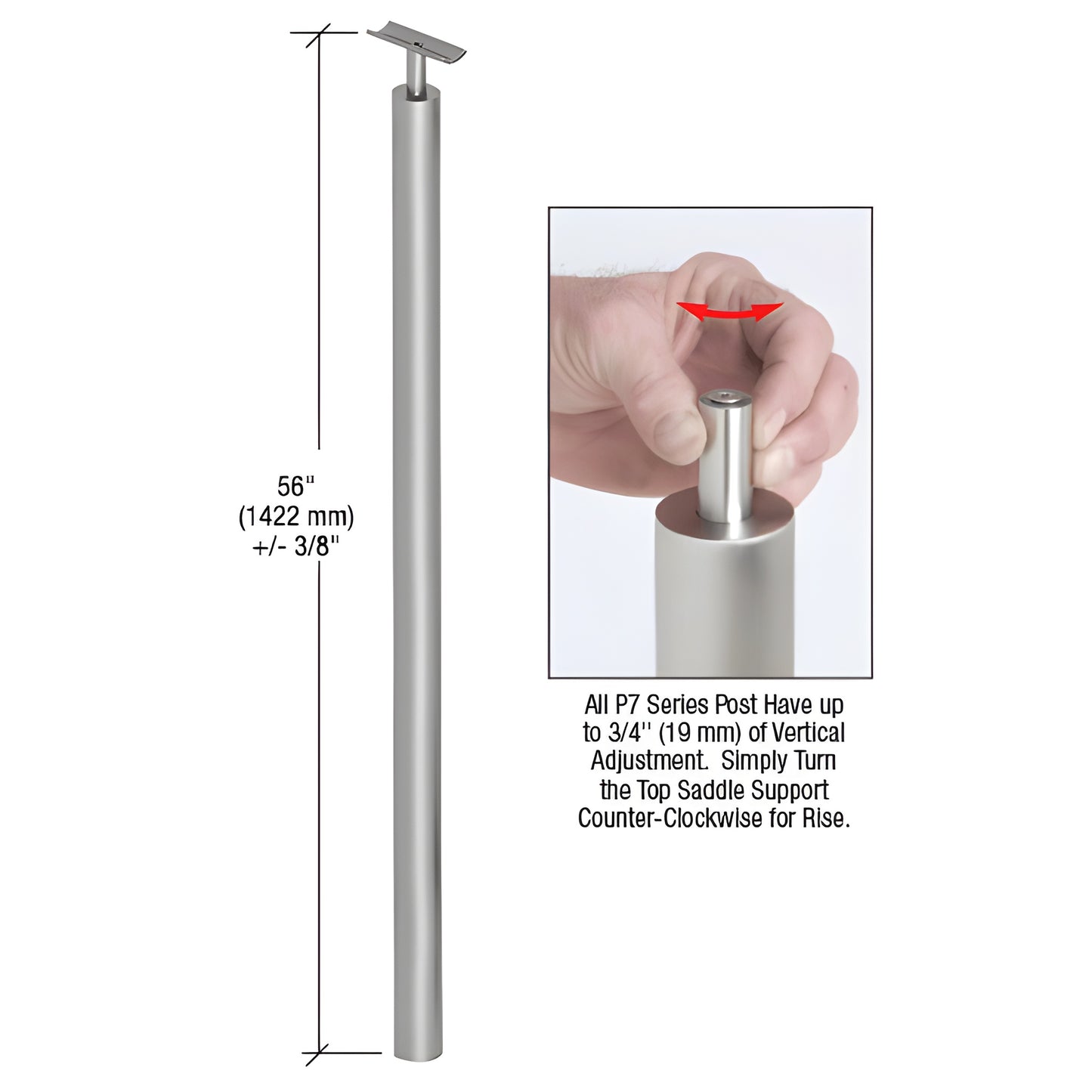 CRL P7BPFBS brushed stainless blank post kit, 56" tall, adjustable top saddle for handrail, 4-3/4" base plate included.