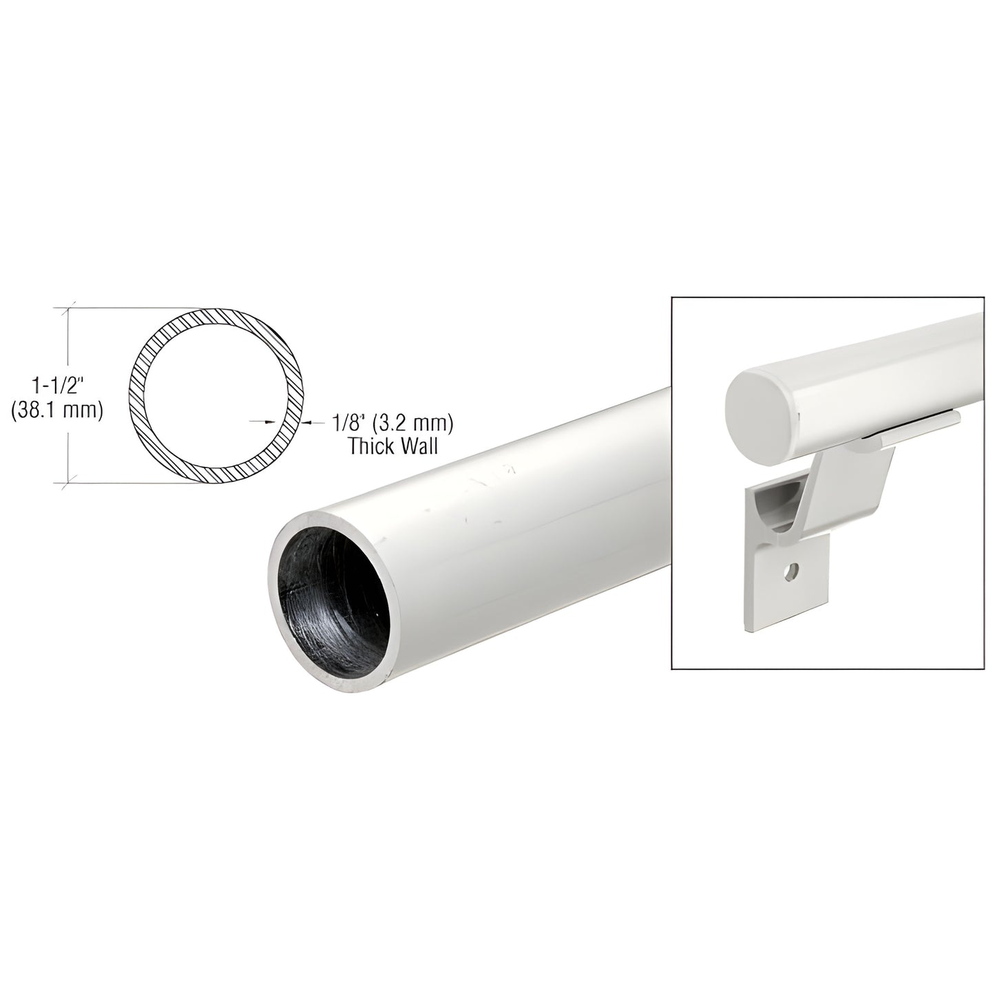 ARHR15W 1-1/2" (38mm) sky white aluminum handrail tube, 20'-1" length, 1/8" wall thickness, shown with bracket.