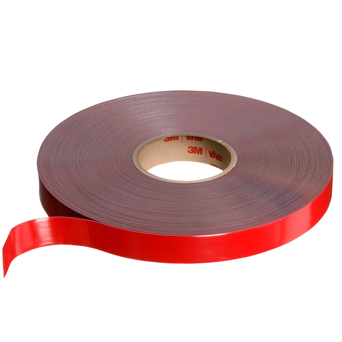 3M VHB Tape 4941 (SKU 48598) gray 1" x108 ft industrial double-sided foam tape roll with red liner, partially peeled.