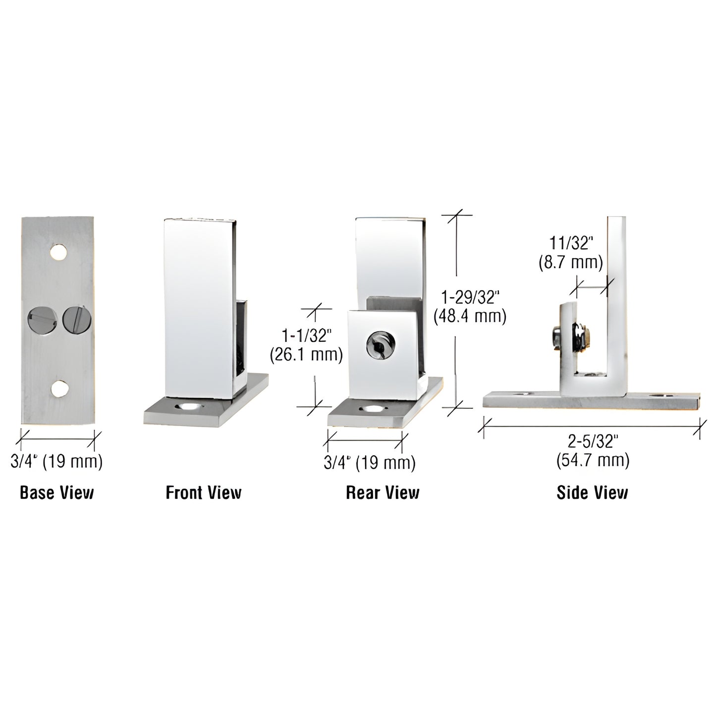 Polished chrome brass long-leg set-screw clamp (SKU EH50) for 6-8mm glass, shown base/front/rear/side with dims