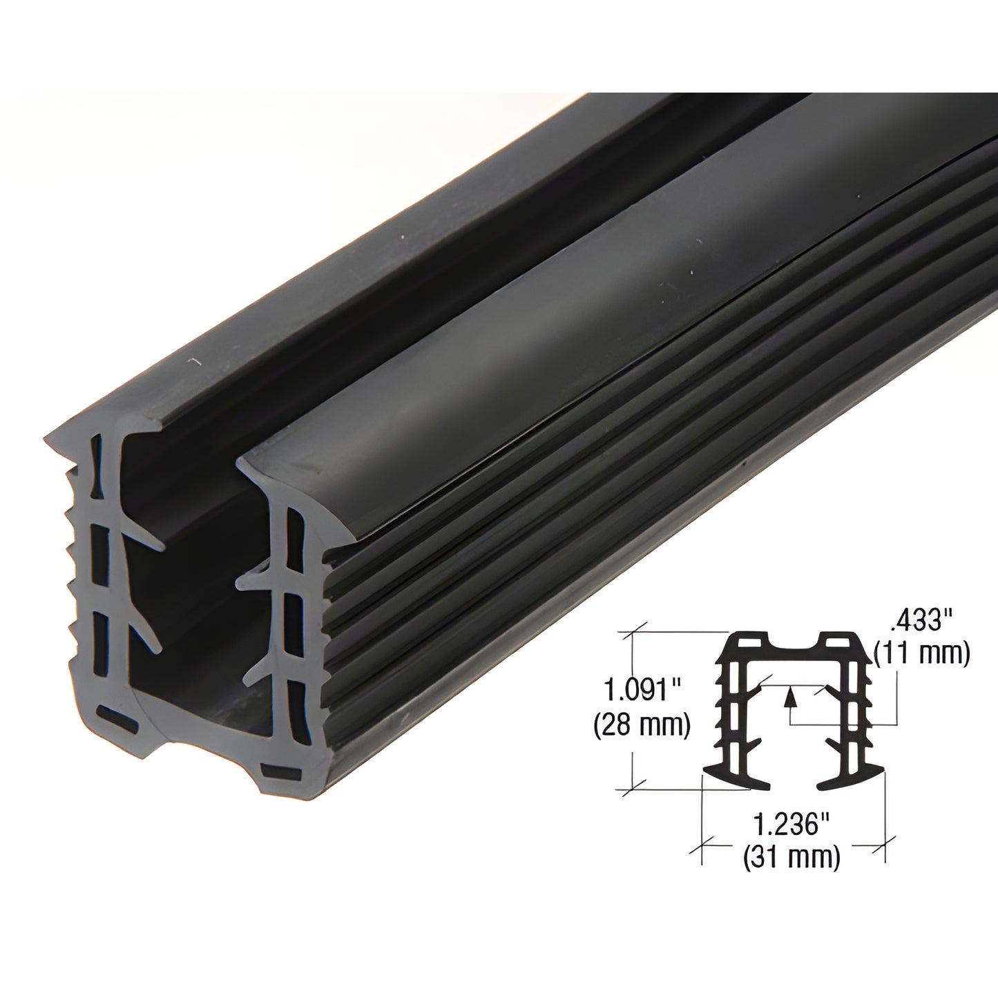 GRRF2013PV black rubber cap-rail insert for glass (fits SRF15/GRRF20), flexible profile with dimensions.