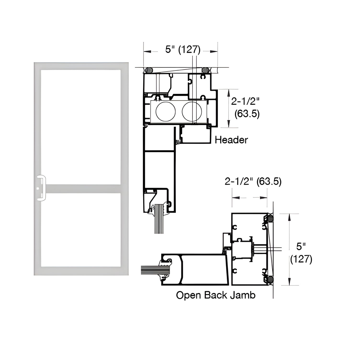 Custom up/over hurricane impact door frame SKU 0P41911 - clear anodized technical drawing showing cross-sections and 5" / 2-1