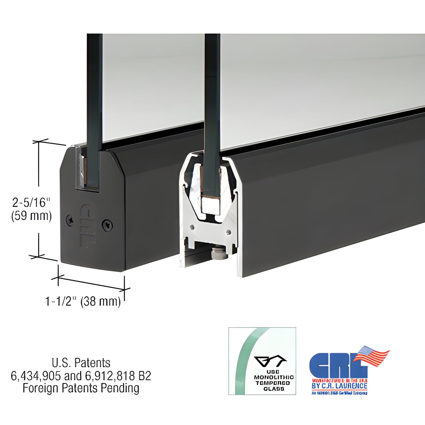 Gloss black low-profile aluminum door rail (DR2TBL12P), 8" length for 1/2" glass, 2-5/16" tall.