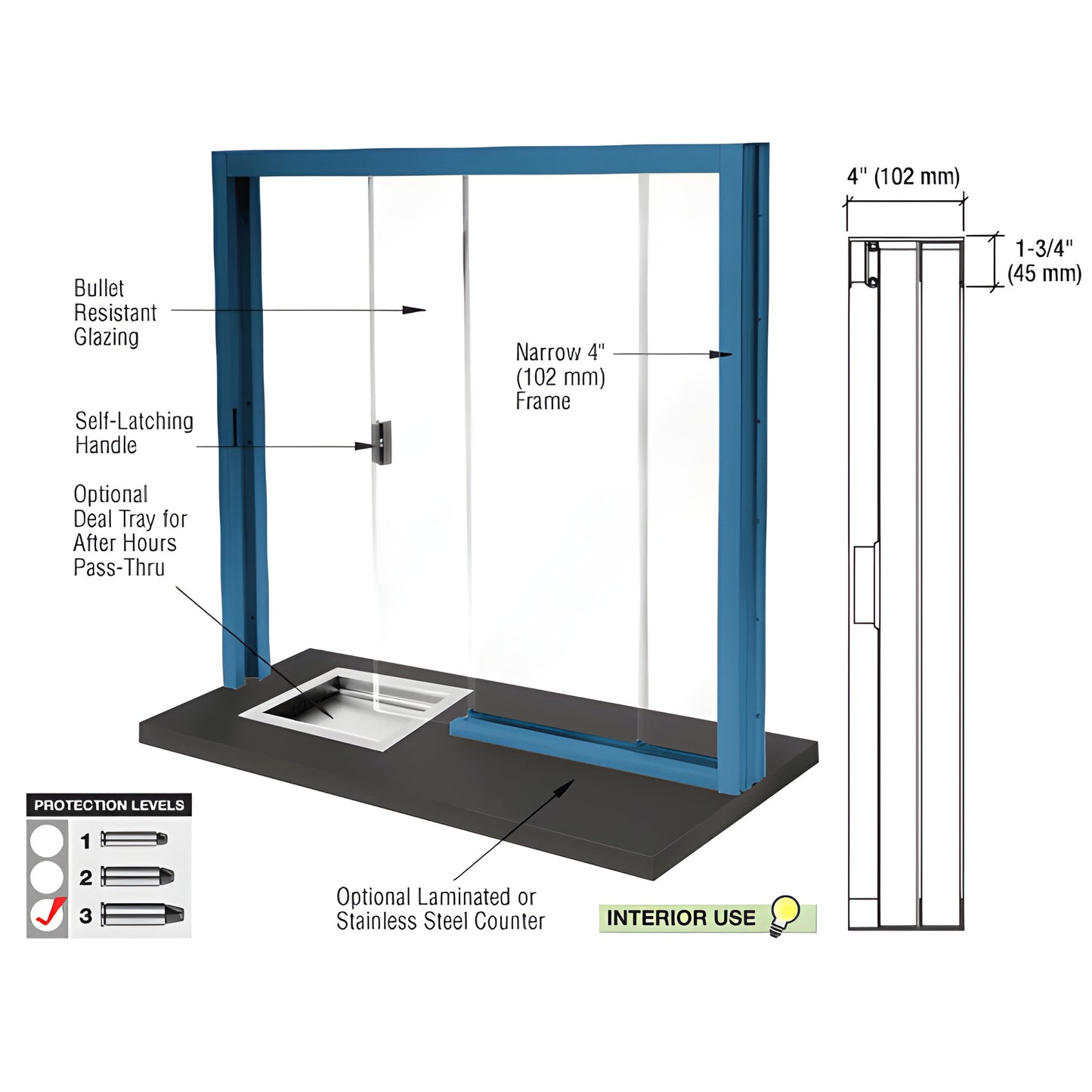 SBRWP3 bullet resistant interior sliding service window, powder coated alum frame, 1 1/4" glazing, optional counter/tray.