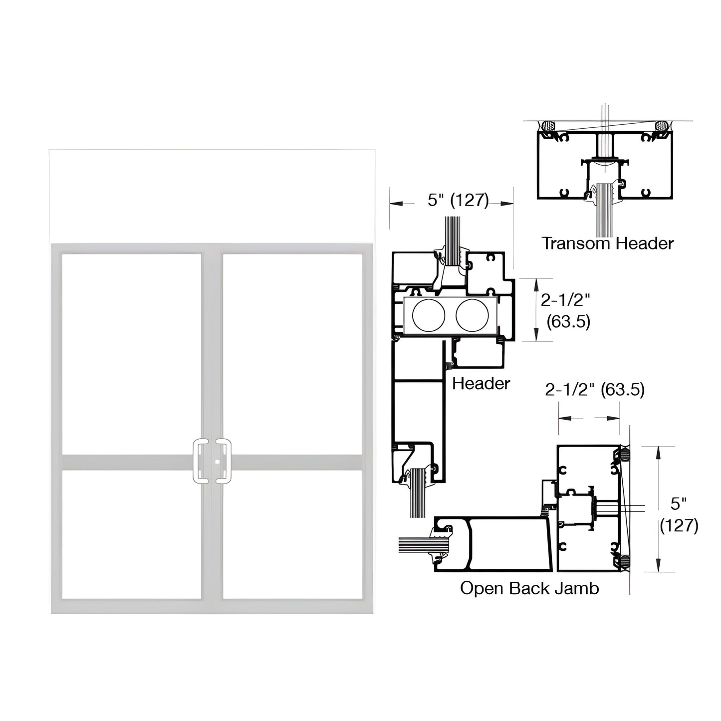 White Kynar transom door frame diagram for paired hurricane-impact doors; header/jamb details with 5" and 2-1/2" dimensions.
