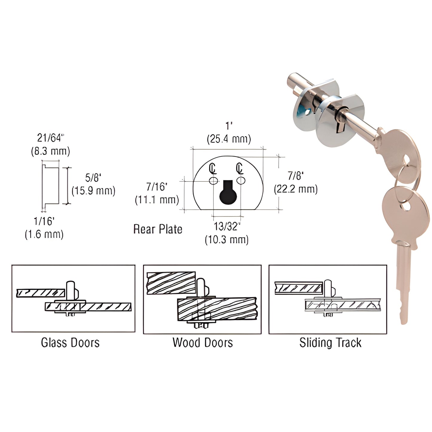 D802C polished chrome universal plunger lock with keys, for 1/4-1/2" (6-12mm) glass or wood doors.