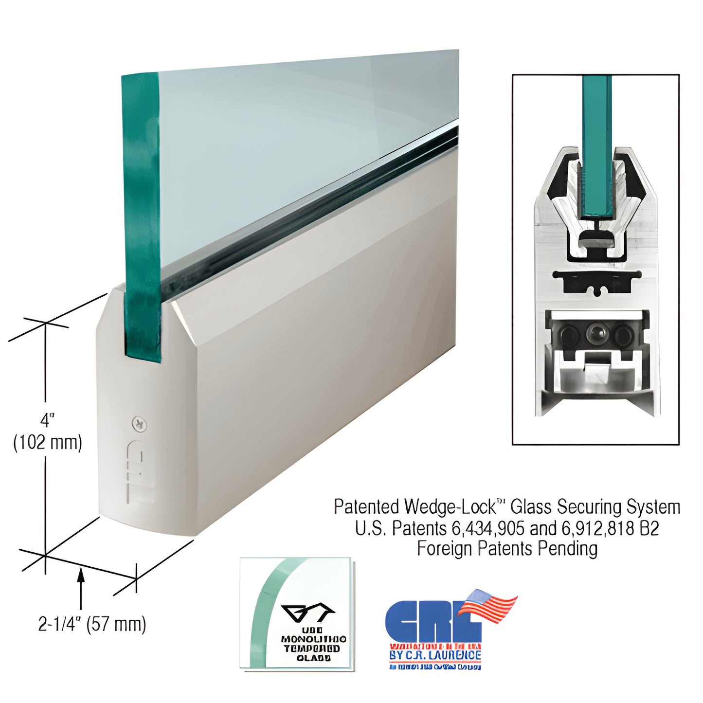 Wedge-Lock 35-3/4 in satin anodized aluminum tapered door rail for 5/8 in tempered glass - SKU DR4TSA58S