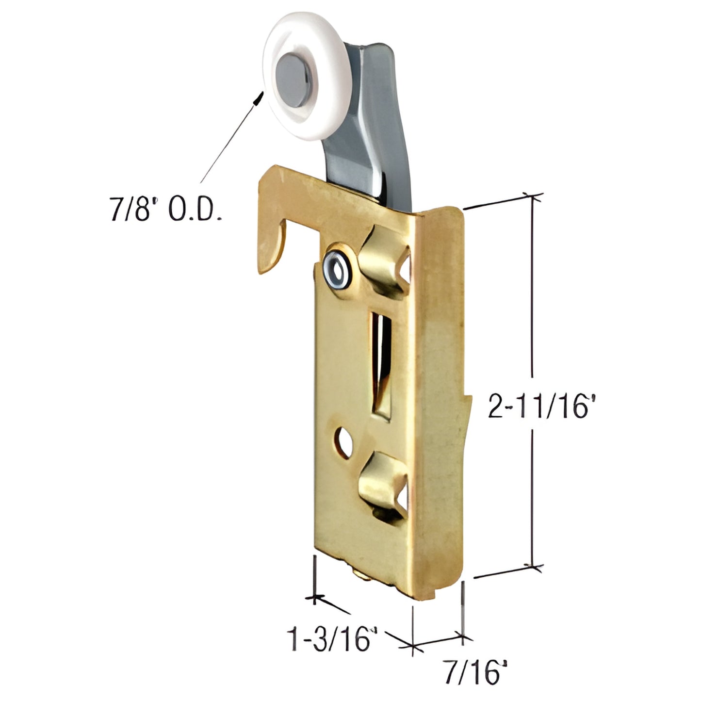 Top-hung adjustable wardrobe door roller assembly with white nylon wheel and stamped steel brass-finish bracket, SKU N7046.