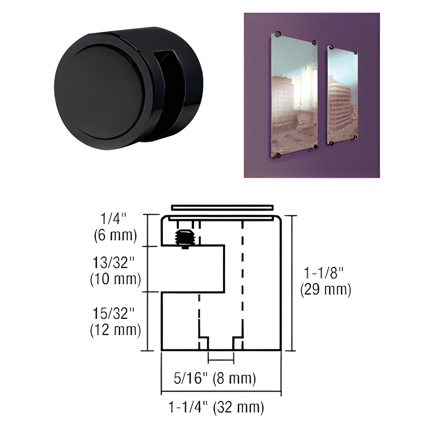 Matte black stainless steel EG38MBL edge grip, 1-1/4" diameter, no-drill clamp for 3/8" (10mm) glass or acrylic panels.